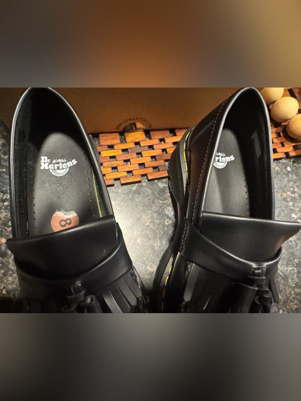 Dr. Martens Black Leather Tassel Platform Loafers with Yellow Stitching - Picture 2 of 7
